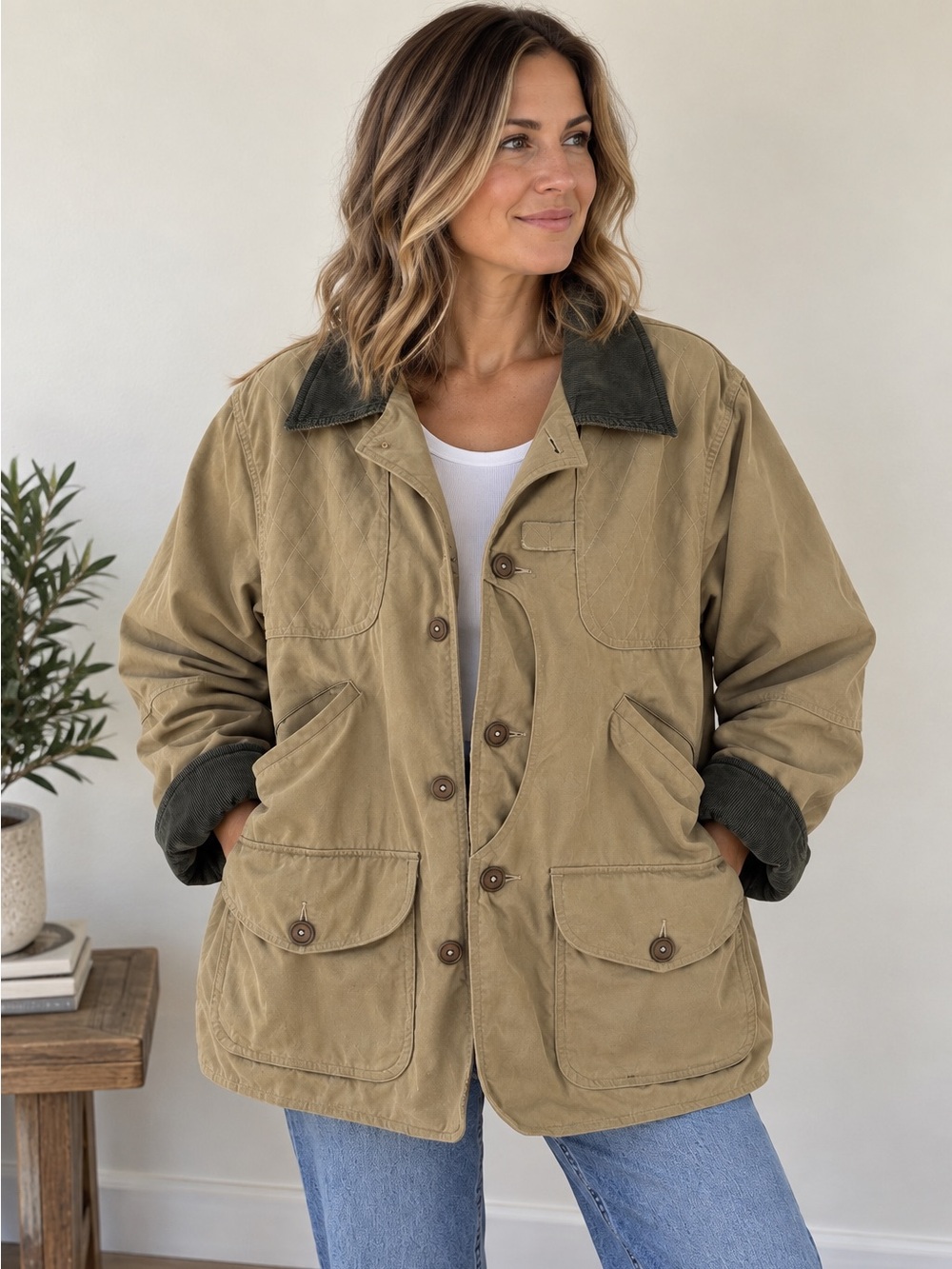 Vintage 80s L.L. Bean Safari Jacket Utility Chore Coat Corduroy Collar Jacket